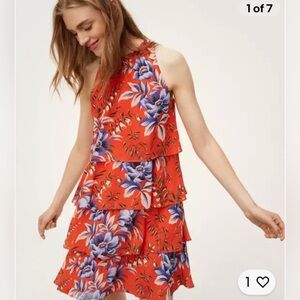 LOFT coral orange red women’s multicolored floral tank tiered flowy dress.